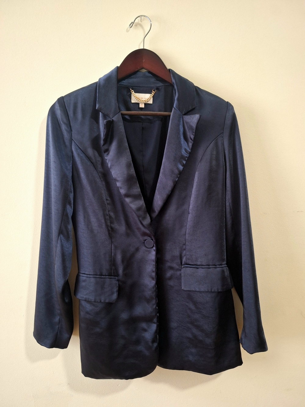 Skies Are Blue Satin Navy Single-Button Blazer